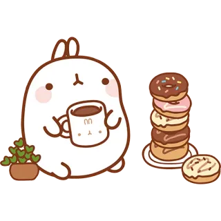 ☕ 71f28324 Molang かわいい, うさぎ, ウサギ, コーヒー, ドーナツ, カワイイ telegram sticker