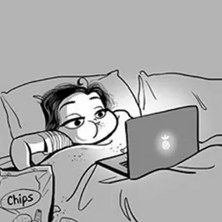 👩 6cd83710 Chips malas, tempat tidur, keripik, laptop, kartun, camilan telegram sticker