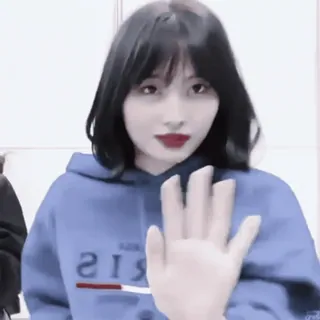 🍑 0f93c9f9 mujer, mano, saludo, persona, sudadera azul whatsapp sticker