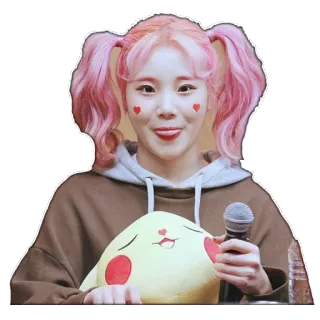 😛 cf822359 женщина, розовые волосы, хвостики, сердце, микрофон, плюшевый, милый, корейский whatsapp sticker