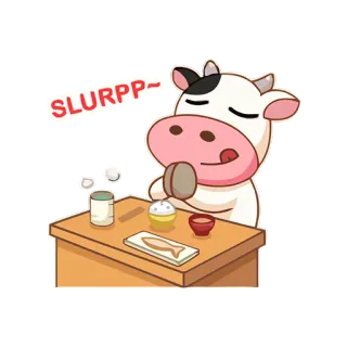 🍚 a766f629 SLURPP~ sapi, makan, menyeruput, makanan, kartun, meja, hewan, imut whatsapp sticker