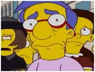 😟 d451e338 Milhouse Van Houten The Simpsons 심슨 가족, 만화 캐릭터, 밀하우스, 밀하우스 밴 호튼, 슬픈, 노란색, 너드 telegram sticker