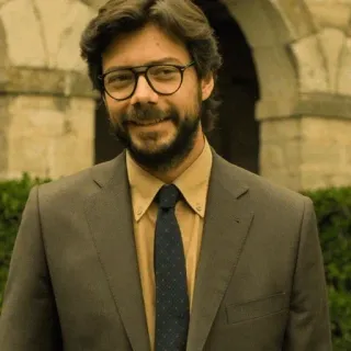 🏦 2dad81a8 Professor Money Heist Phi Vụ Thế Kỷ, Giáo sư, nhân vật, kính, veston, cười, râu telegram sticker