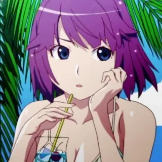 🧿 34cb9593 anime, girl, swimsuit, drink, beach, purple hair telegram sticker
