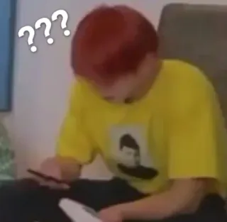 ❓ 1b11afac ??? Fragezeichen, verwirrt, Frage, rote Haare, Person, gelbes Hemd, nach unten schauend, Handy telegram sticker