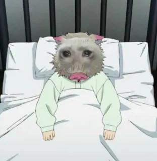 🥺 1809653a Inosuke Hashibira Demon Slayer Anime, weinen, Bett, traurig, Schwein, Inosuke, Demon Slayer telegram sticker