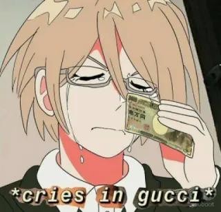 😢 e2caa9fa *cries in gucci* Meme, weinen, Gucci, Geld, reich, Luxus telegram sticker