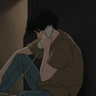 🥱 3e3d00d9 anime, sedih, kartun, anak laki-laki, telepon, duduk, menelepon whatsapp sticker