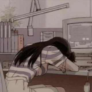 🥱 757bae06 Anime, Sedih, Lelah, Gadis, Komputer, Kantor whatsapp sticker