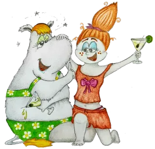 🥴 0d851f9e cartone animato, ippopotamo, ragazza, cocktail, bere, amicizia telegram sticker
