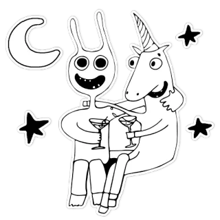 🥂 a378f0ff licorne, lapin, lune, étoiles, boissons, dessin animé, fantaisie, amitié telegram sticker