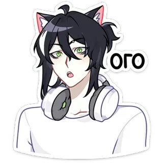 😮 7228c2e5 ОГО アニメ, 猫耳, ヘッドホン, 表情, びっくり, ロシア語, Ogo telegram sticker