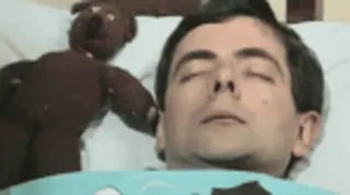 😴 880ed8b2 Mr. Bean tidur, tempat tidur, boneka beruang, tidur whatsapp sticker