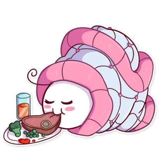 🍽 aceabf51 만화, 음식, 고기, 귀여운, 분홍색, 캐릭터, 스테이크, 먹는 telegram sticker