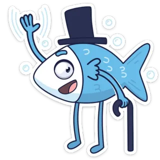 👋 e91eb7e6 魚, 漫画, 帽子, 杖, 手を振る, フレンドリー telegram sticker