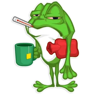😷 78d8d5c8 frog, sick, thermometer, tea, hot water bottle, cartoon, illness, health telegram sticker