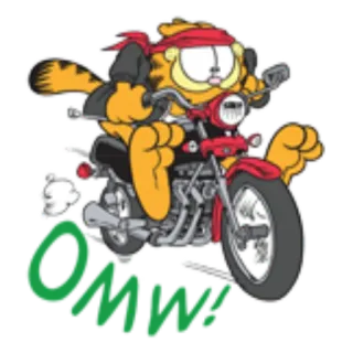 🏍 5497c087 Garfield Omw Garfield, mèo, xe máy, đang đến, phim hoạt hình, nhân vật telegram sticker