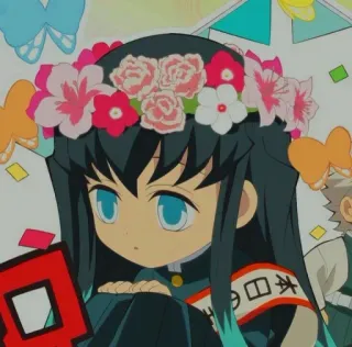 ❄ f8b88044 滅 殺 日 魂 anime, flower crown, chibi, japanese text, demon slayer telegram sticker