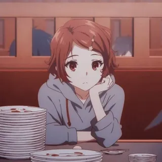 😳 352cd638 อนิเมะ, ผู้หญิง, เบื่อ, โต๊ะ, จาน telegram sticker