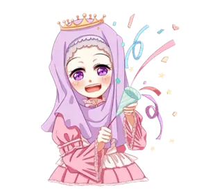 😃 6a99ba28 gadis, hijab, mahkota, konfeti, perayaan, imut, kartun whatsapp sticker
