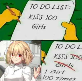😐 448ec7e7 TO DO LIST:
KISS 100
Girls
TO DO L
KISS TOO
Girls
1 Girl
100 Times Meme, Anime, Lista, Bacio, Umorismo telegram sticker