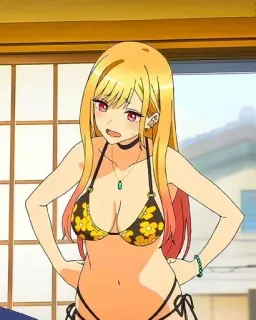🎃 39b3cd71 Marin Kitagawa My Dress-Up Darling anime, girl, bikini, blonde, Marin Kitagawa, My Dress-Up Darling, summer, beach, cute whatsapp sticker