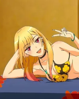 🎃 a0411308 Marin Kitagawa My Dress-Up Darling anime, bikini, woman, lying down, peace sign, character whatsapp sticker