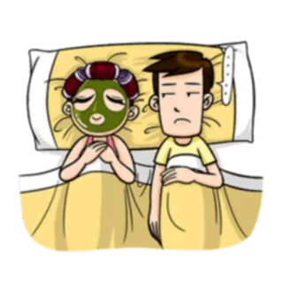 ☹ 4de5f474 Paar, Bett, Schlaf, Gesichtsmaske, Cartoon, Beziehung, gelangweilt whatsapp sticker