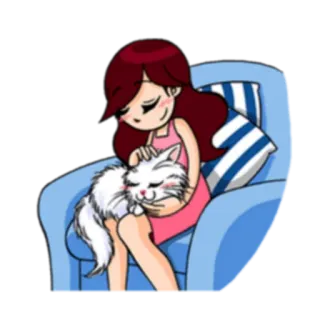 😄 6faeca1e Mädchen, Katze, Haustier, Stuhl, Umarmung, Freundschaft, Cartoon whatsapp sticker