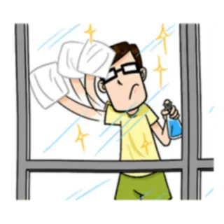 💧 7c556b1a Reinigung, Fenster, Mann, Cartoon, Brille, Sprühflasche, glänzend, Hausarbeit whatsapp sticker