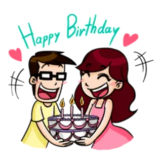 🎂 8fa0d149 Happy Birthday Geburtstag, Feier, Paar, Kuchen, Herzen, Cartoon, glücklich whatsapp sticker