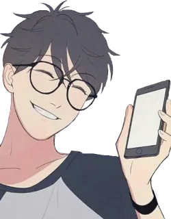 😄 2043cee4 cartoon, man, bril, telefoon, glimlachend, vrolijk telegram sticker