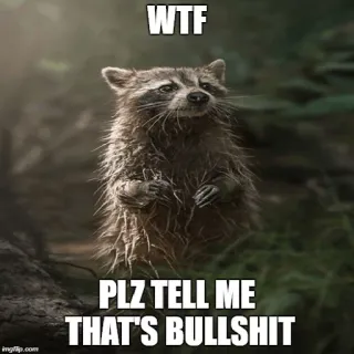 😳 d858c49c WTF
PLZ TELL ME THAT'S BULLSHIT แรคคูน, สัตว์, wtf, ไร้สาระ, มีม, ตลก telegram sticker