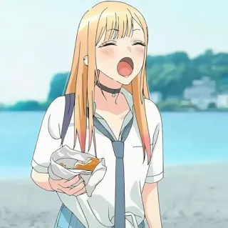 💈 a4da85ec Marin Kitagawa My Dress-Up Darling 动漫, 女孩, 金发, 校服, 海滩, 食物 telegram sticker