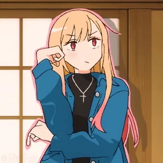 🤔 b65ab4e9 动漫女孩, 金发, 十字项链, 卡通, 脸红, 粉色轮廓 telegram sticker