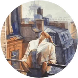 😀 79be7f2e バルコニー, 都市, 建物, 女性, 水彩, 屋上 telegram sticker