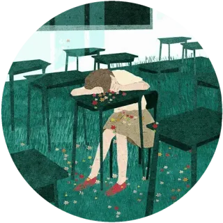 😌 d28f8666 悲しみ, 孤独, 秋, 学校, 机, 葉, 睡眠, 憂鬱 telegram sticker