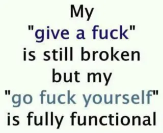 🖕 510ed22c My
"give a fuck"
is still broken
but my
"go fuck yourself"
is fully functional umorismo, volgare, offensivo, citazione, meme, sarcasmo telegram sticker