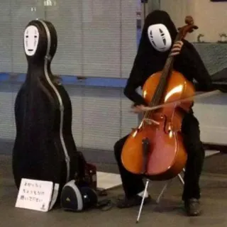 👁‍🗨 590fd920 No-Face Spirited Away よかっつたら
ちょう金さだけ
頂いて下さい No-Face, Spirited Away, cello, busking, street performer, cosplay telegram sticker