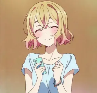 😆 68e7e6f5 anime, girl, smiling, phone, cartoon, happy telegram sticker