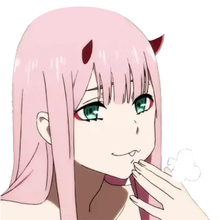 😂 fcf10d07 Zero Two Darling in the Franxx anime, pelo rosa, cuernos, chica, Darling in the Franxx, Zero Two, personaje telegram sticker