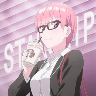 🦊 bc01823e anime, cewek, kopi, rambut pink, kacamata, kartun, imut, tersenyum whatsapp sticker