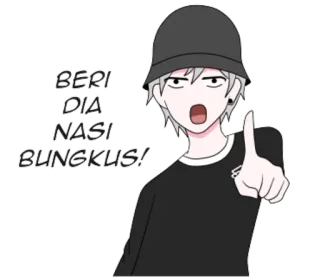 👇 1a10ffdf BERI DIA NASI BUNGKUS! 动漫, 漫画, 贴纸, 卡通, 文字, 渔夫帽, 指着 telegram sticker