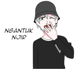 😴 1abe5517 NGANTUK NJIR 动漫, 卡通, 男孩, 困, 累, 渔夫帽 telegram sticker