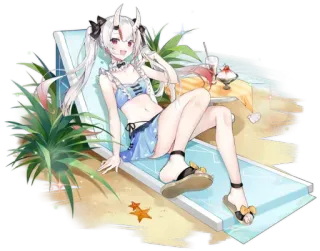 🌴 e28b6aa3 garota anime, praia, verão, biquíni, cadeira de praia, tropical, chifres, relaxante whatsapp sticker