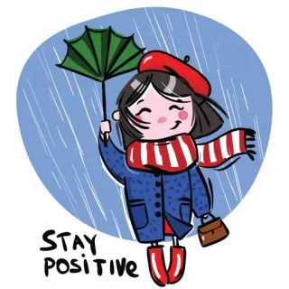 🤪 8b9d5548 STAY POSITIVE kreskówka, dziewczyna, parasol, deszcz, pozytywny, czerwony, uroczy, beret whatsapp sticker