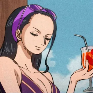 👑 4e1d435e Nico Robin One Piece Anime, One Piece, Nico Robin, Personaggio, Spiaggia, Bevanda, Occhiali da sole telegram sticker