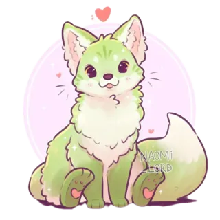 💚 300a0cc5 NAOMI LORD volpe, carino, kawaii, verde, animale, cartone animato, cuore, brillantini telegram sticker