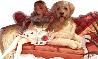 ❄ 4c791810 девушка, собака, золотистый ретривер, аниме, диван, питомец, компаньон telegram sticker