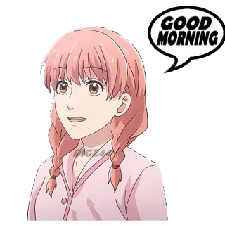🛏 b7705081 GOOD MORNING Anime, Guten Morgen, Gruß, Cartoon, Frau, Pinke Haare, Fröhlich telegram sticker